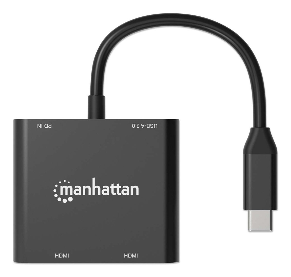 Manhattan USB-C to Dual HDMI & USB-A Adapter, Dual 4K@30Hz or Single 4K@60Hz, Power Delivery 100W, 480 Mbps (USB 2.0), Cable 15cm, Black, Male to Female, Three Year Warranty-8