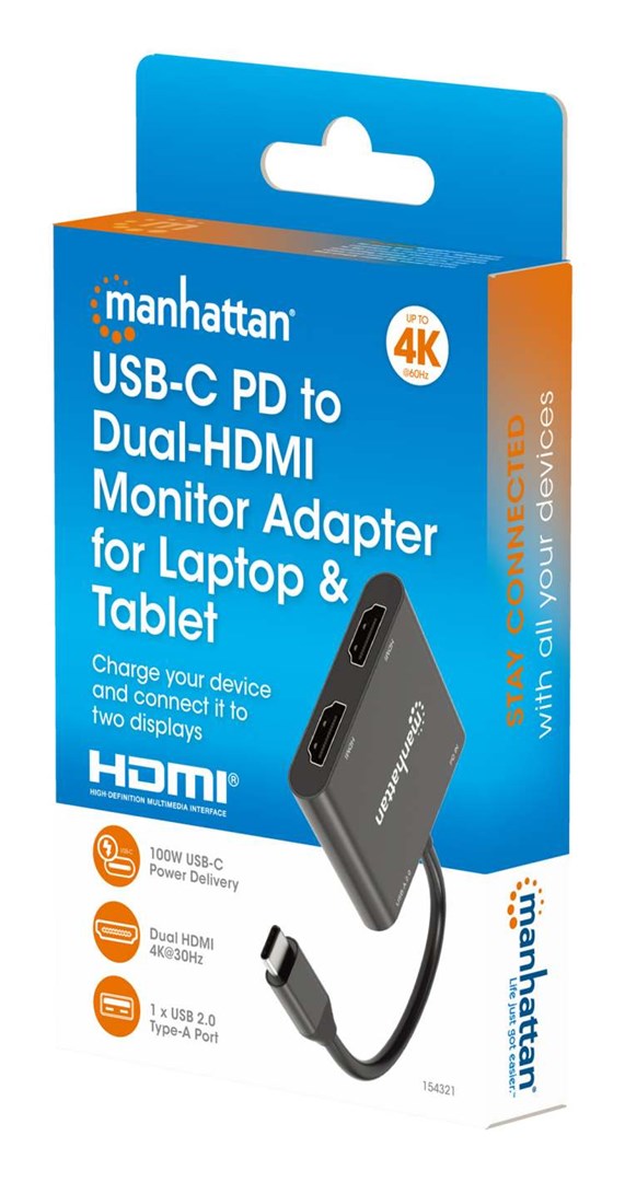 Manhattan USB-C to Dual HDMI & USB-A Adapter, Dual 4K@30Hz or Single 4K@60Hz, Power Delivery 100W, 480 Mbps (USB 2.0), Cable 15cm, Black, Male to Female, Three Year Warranty-1