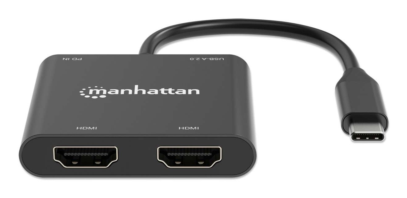 Manhattan USB-C to Dual HDMI & USB-A Adapter, Dual 4K@30Hz or Single 4K@60Hz, Power Delivery 100W, 480 Mbps (USB 2.0), Cable 15cm, Black, Male to Female, Three Year Warranty-5