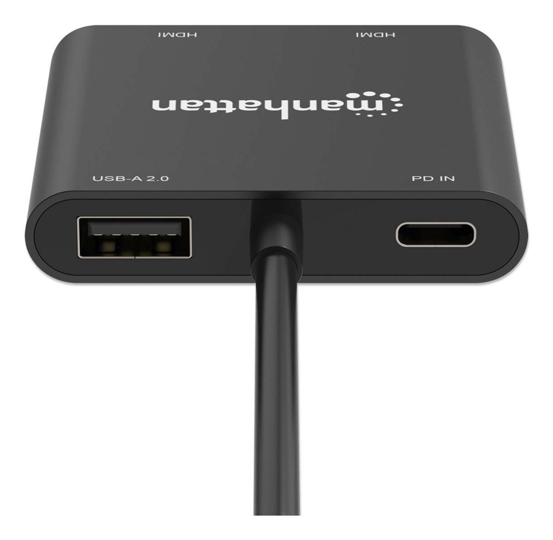 Manhattan USB-C to Dual HDMI & USB-A Adapter, Dual 4K@30Hz or Single 4K@60Hz, Power Delivery 100W, 480 Mbps (USB 2.0), Cable 15cm, Black, Male to Female, Three Year Warranty-7