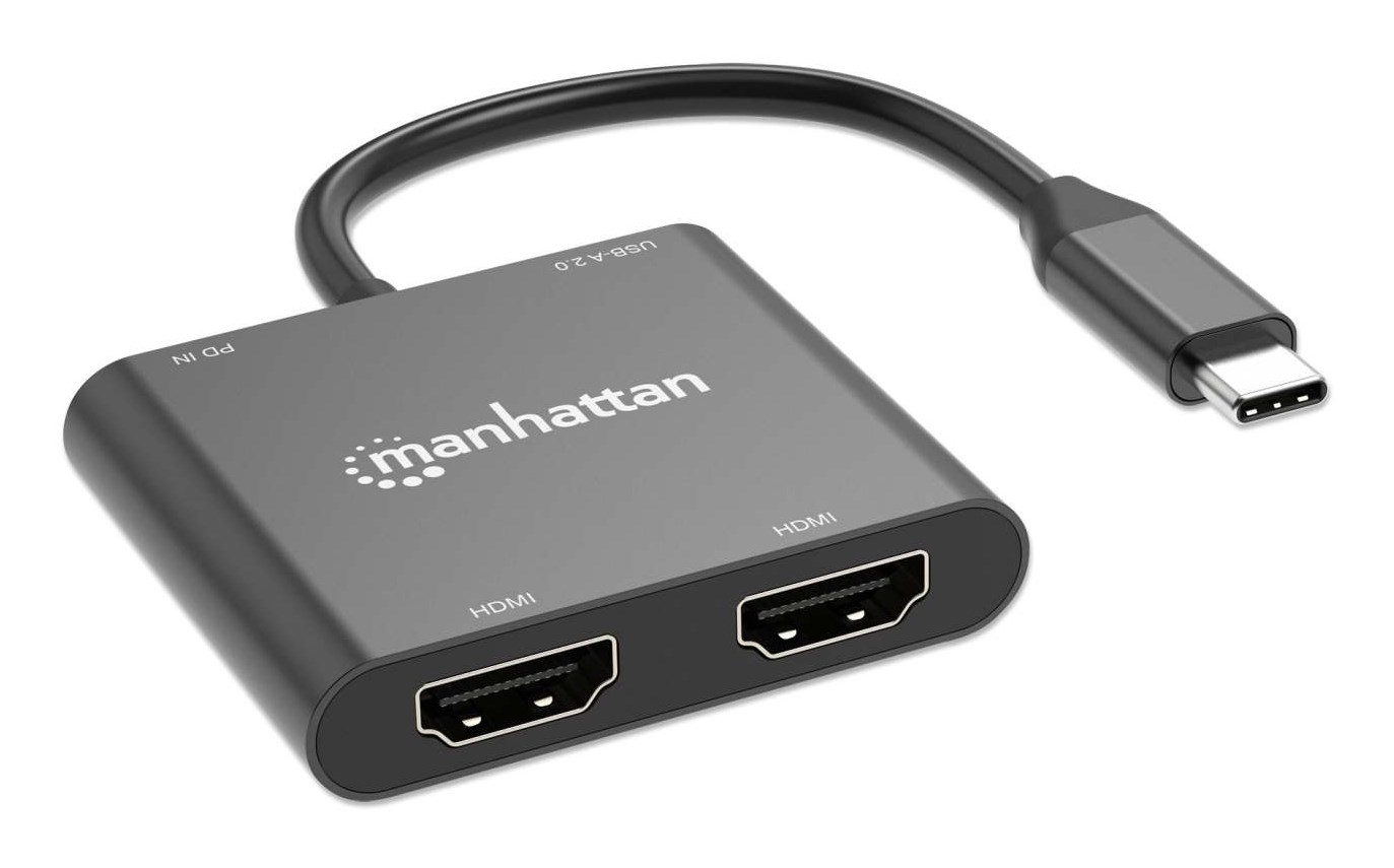 Manhattan USB-C to Dual HDMI & USB-A Adapter, Dual 4K@30Hz or Single 4K@60Hz, Power Delivery 100W, 480 Mbps (USB 2.0), Cable 15cm, Black, Male to Female, Three Year Warranty-3