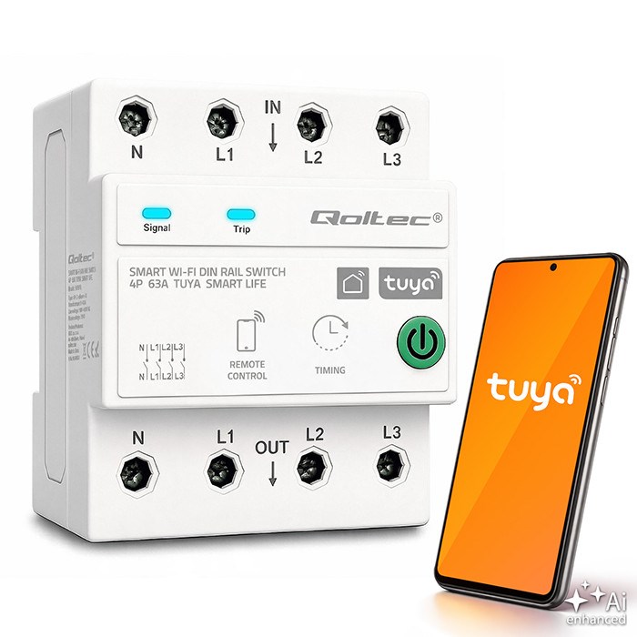 Qoltec Trójfazowy przekaźnik 63A na szynę DIN | 3P+N | Timer | Wi-Fi | Tuya | Smart Life | Amazon Alexa | 4P-0