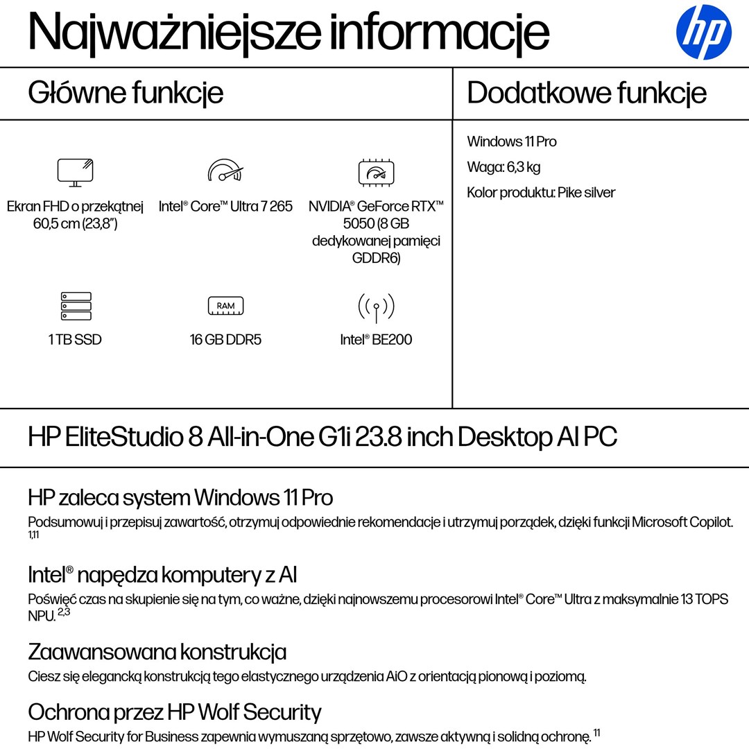 HP EliteStudio 8 All-in-One G1i 23.8" desktop AI PC, Intel Core Ultra 7, 1920 × 1080 px, 16 GB DDR5-SDRAM, Windows 11 Pro, Wi-Fi 7 (802.11be), silver-8