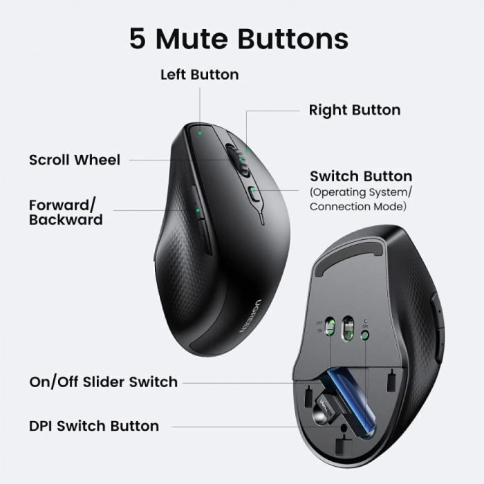 Ugreen ergonomska Dual-mode brezžična miška s stranskimi gumbi-6