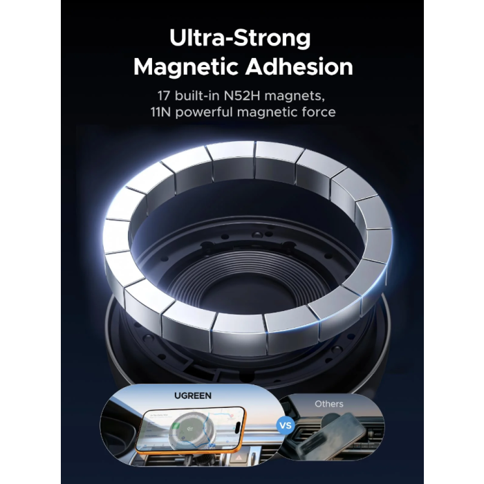 Magnetski auto držač s bežičnim punjačem UGREEN MagFlow Pro (25 W, Qi2, MagSafe)-7