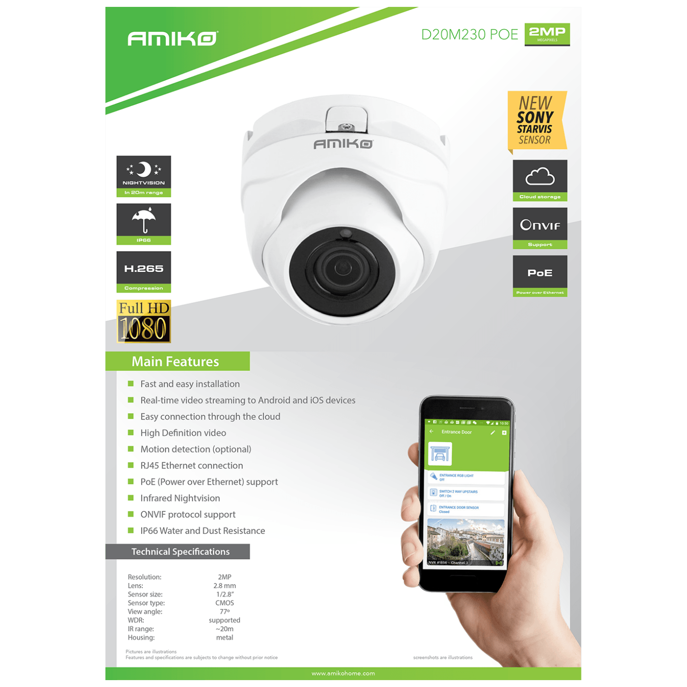 Amiko Home Kamera IP 2 MP, PoE, 1/2.9" SONY Starvis CMOS, HD Lens 2,8mm - D20M230 PoE-1