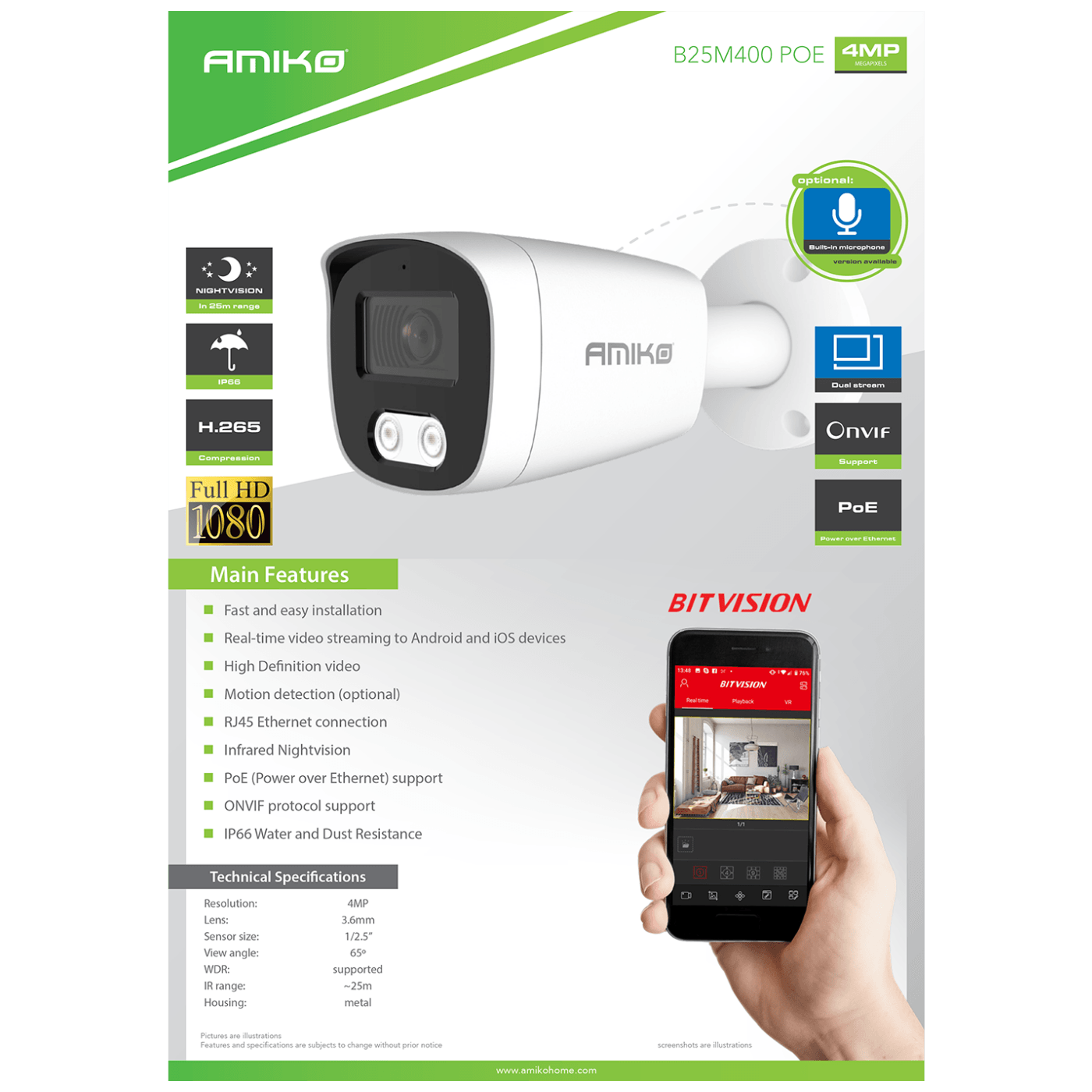 Amiko Home Kamera IP 4MP, PoE, 1/2.5" Fuhan SoC CMOS, 3.6mm, IP66 - B25M400 POE-3